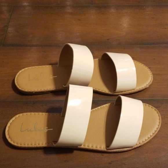 Lulus Time to Chill Nude Patent Slide Sandals - Picture 2 of 8